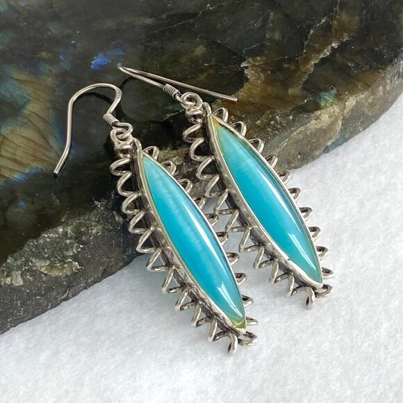 Sterling Silver 925 Marquise Turquoise Blue Cats Eye Spiral Dangle Earrings - Picture 13 of 16